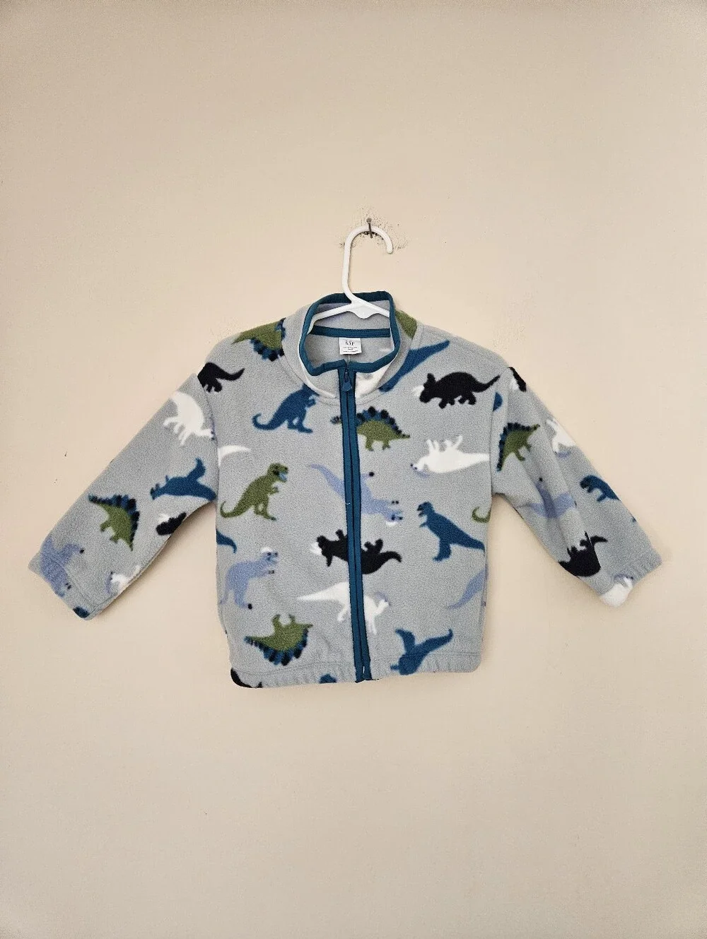 GAP Baby Fleece Zip Up with Blue and Green Dinosaurs, Size 12-18 Months
